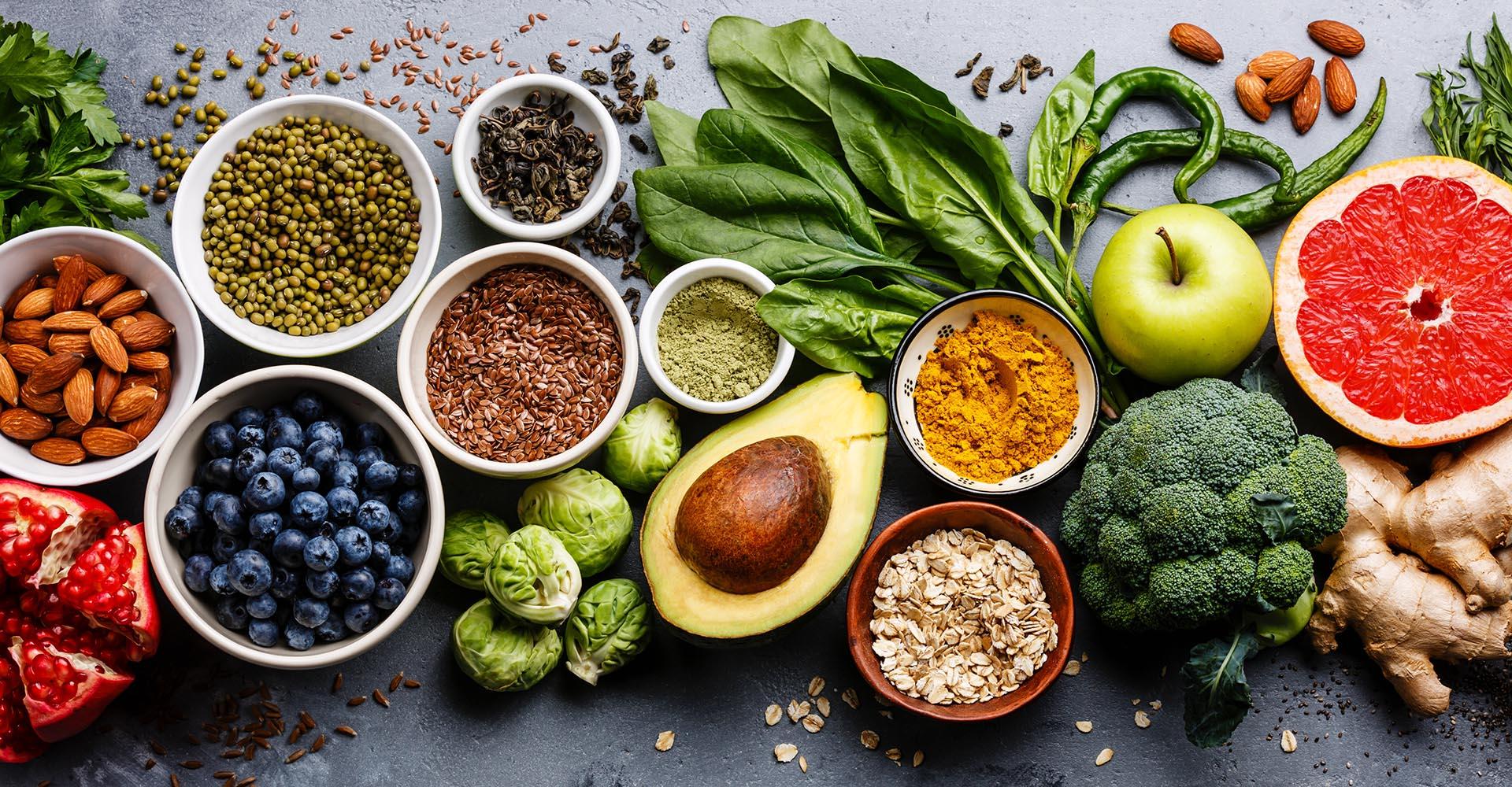 A photo of healthy foods laid out on a table